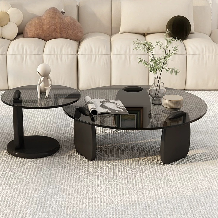 2 pcs Meja Kopi Kaca Tempered Minimalis 80+50cm Meja TV Minimalis Modern Console Table Meja Tamu
