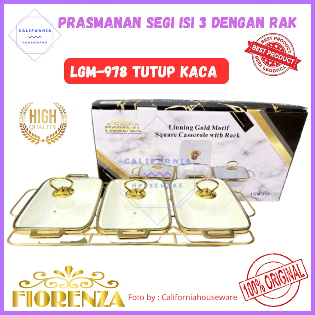 Prasmanan Set Segi Isi 3 + Tutup + Rak LGM 978 GL Dan MP 978 GL/ Prasmanan Keramik FIORENZA / FIOREN