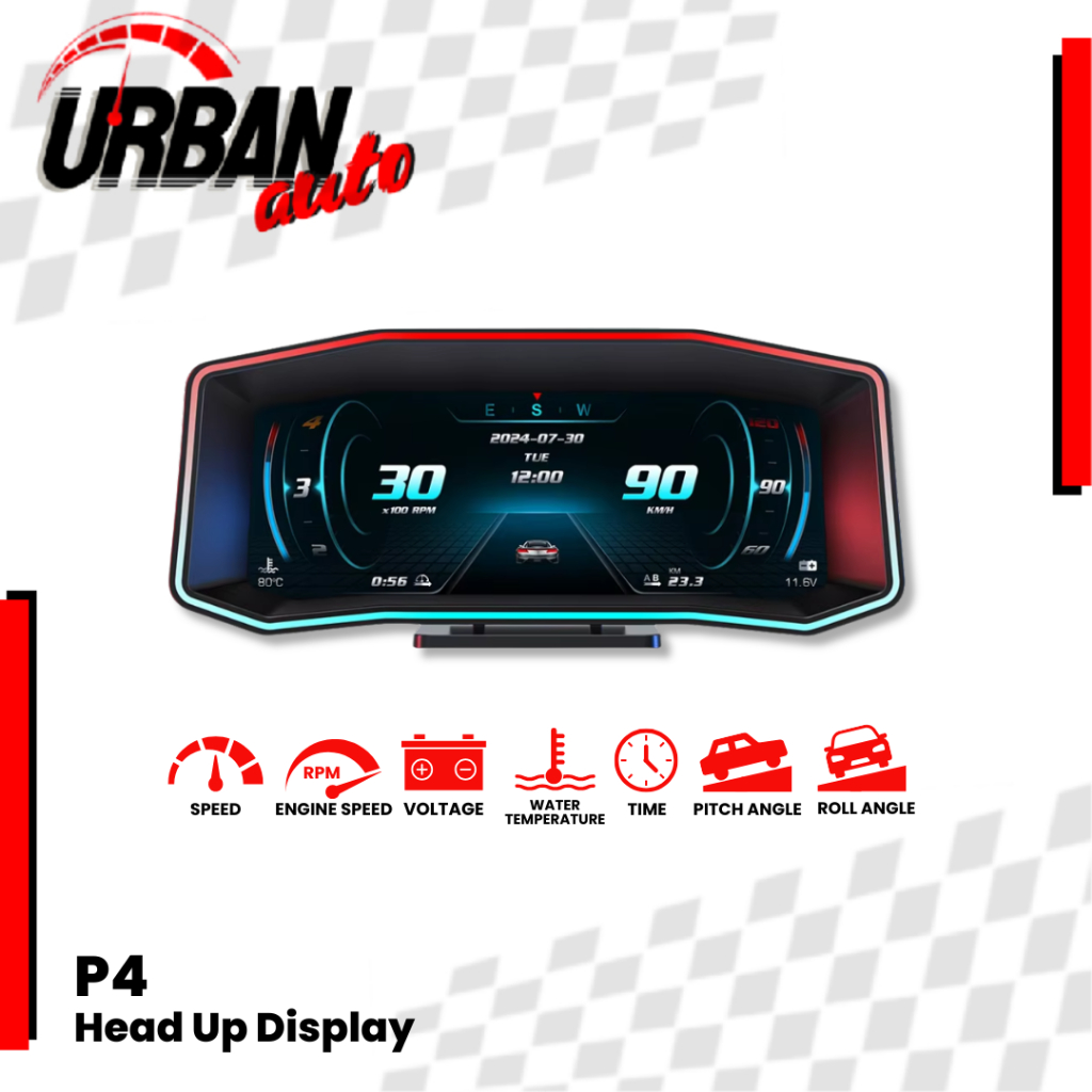 Head Up Display P4 OBD2 Mobil HUD Speedometer Digital RPM Suhu Mesin GPS Alarm Lengkap