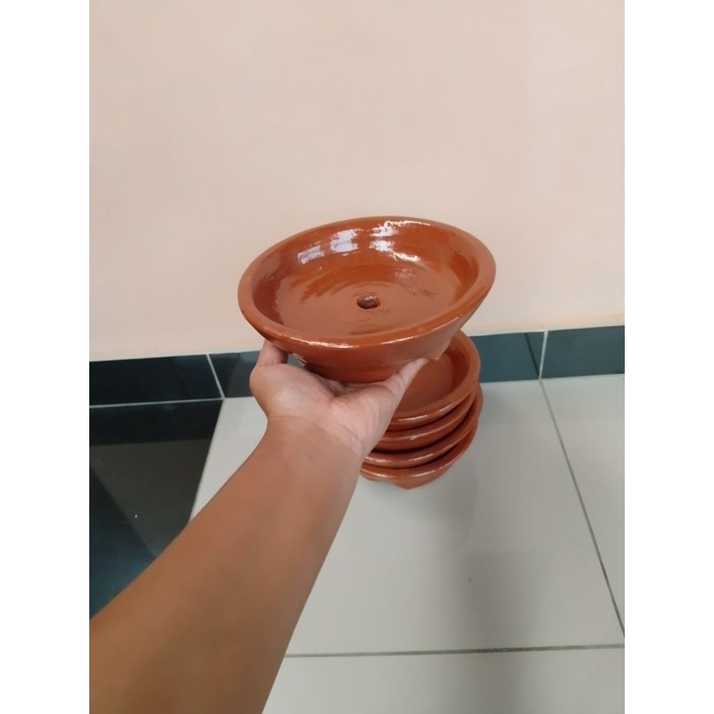 pot bonsai pot tanah liat model bulat berkaki
