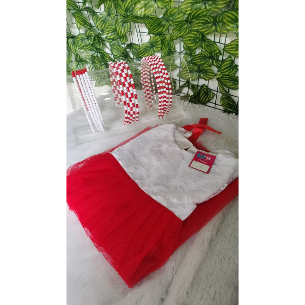 Dress Pesta Anak Merah Putih Free Bando Mutiara Korea Dress Brukat Tutu Anak