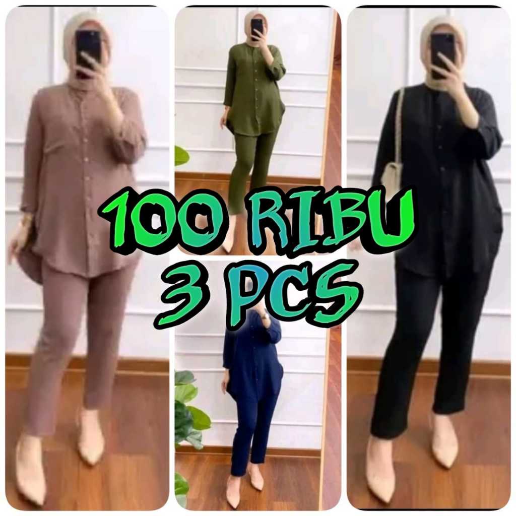 Obral 100 Ribu 3 Pcs Setelan Wanita Kekinian Andin Set One Kemeja Dan Celana Wanita Polos Ootd Terba