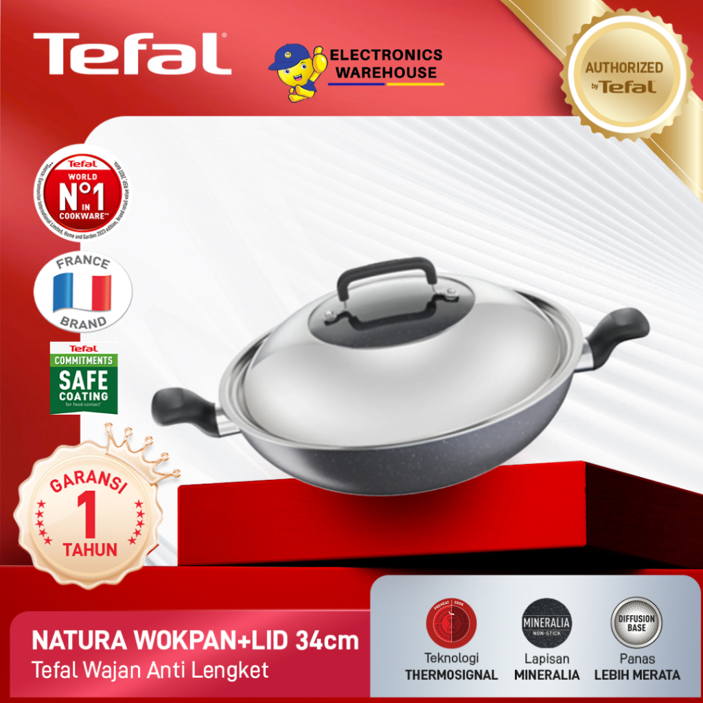 Tefal Wajan Kuali Penggorengan Anti Lengket Natura Wokpan 34cm + Lid