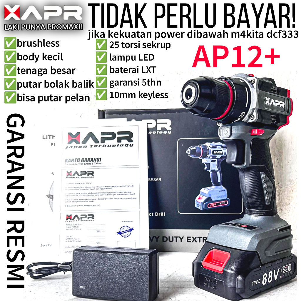 PROMO APR RAJA BOR CORDLESS BRUSHLESS TYPE AP12+ 10MM KEYLESS AUTO LOCK MESIN BOR