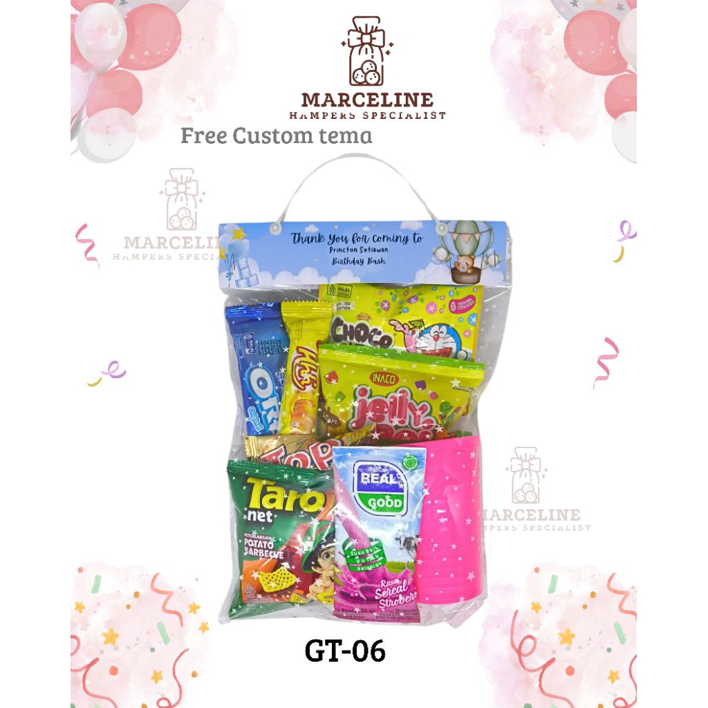 

Hampers ulang tahun anak murah tenteng. bingkisan ulang tahun anak snack murah free design tema tag.
