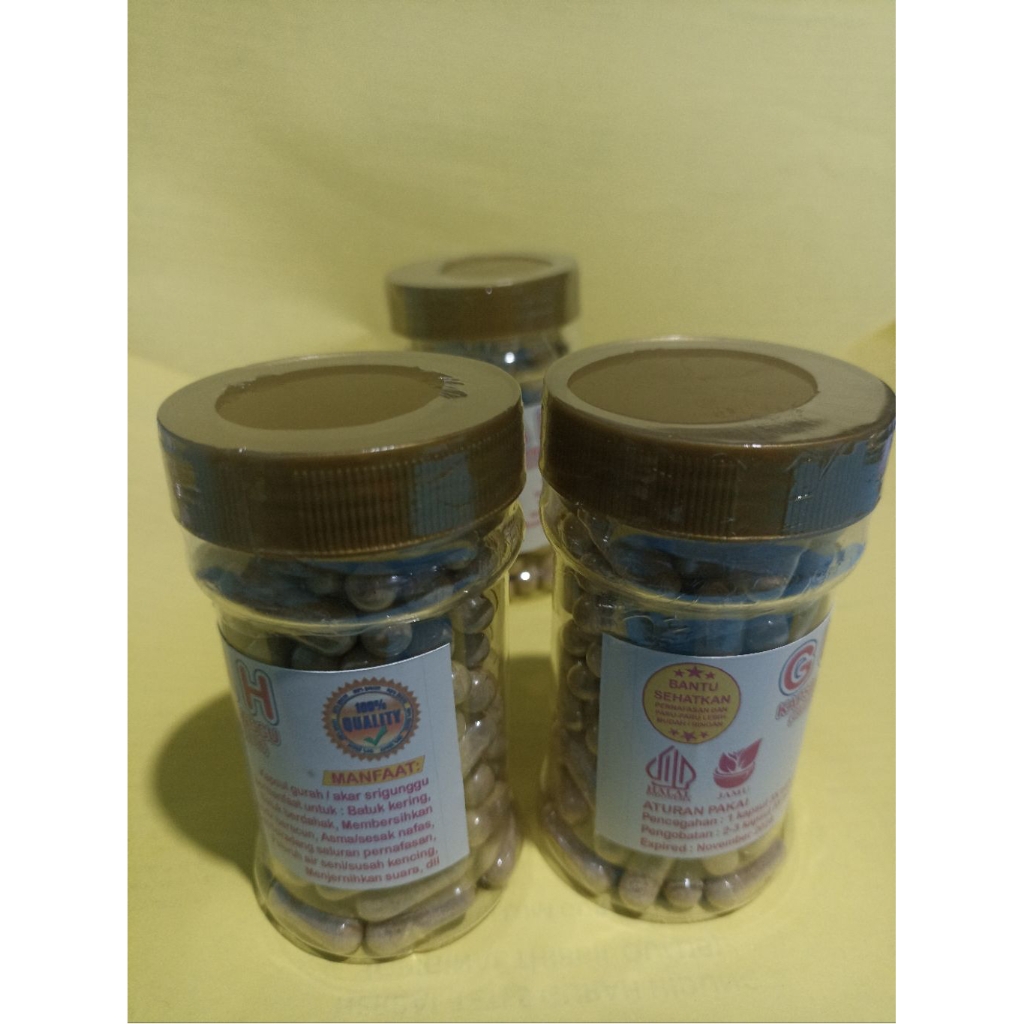 

Kapsul Gurah, Kapsul Akar Srigunggu, Kemasan Botol isi 100 bonus brosur gurah dan pipet