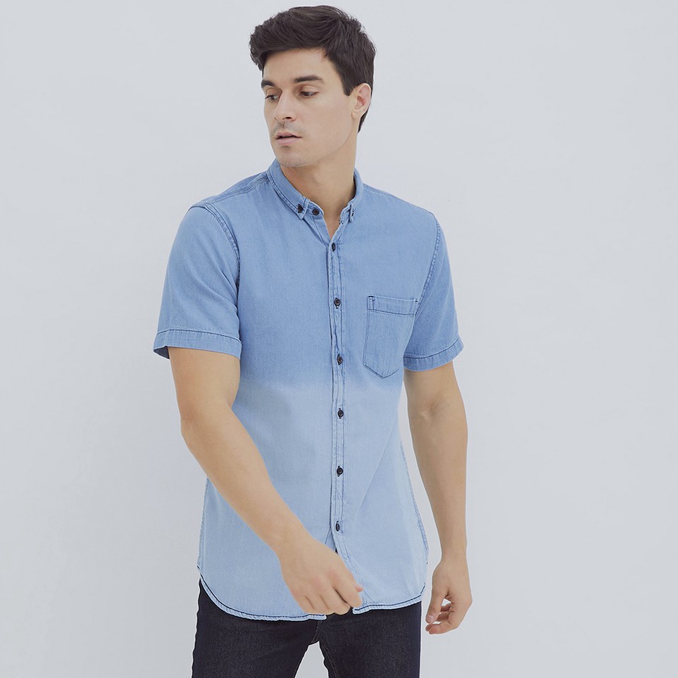 KODE C92W HILLBOSS Kemeja Jeans Lengan Pendek Pria Biru Jamie  Casual Denim Shirt Two Tone Light Blu