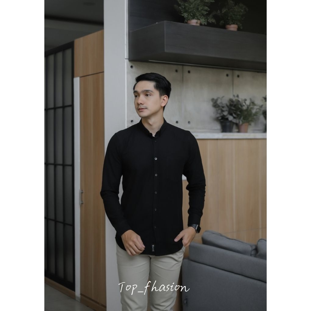 Kemeja Polos Hem Pria Cowok Kantor Lengan Panjang Slimfit Hitam Putih Nevy Coksu