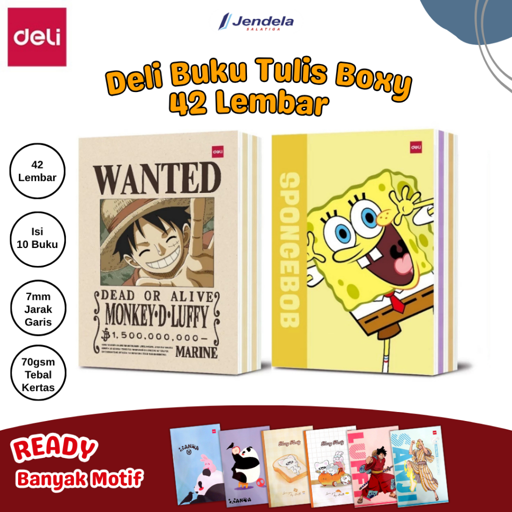 

(Isi 10) Buku Tulis Sekolah Boxy Deli 42 Lembar Motif One Piece, Panda, Tmorry Family / Buku Tulis Boxy 42 Deli - ATK