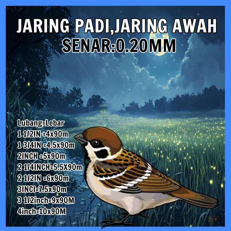Jaring Burung Kecil Jaring Burung sawah 2 inchi 100mds/100yds Lubang 2 Jari 0.20MM