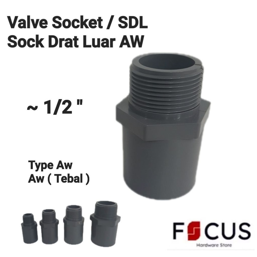 Valve Socket / SDL / Sock Drat Luar AW 1/2 " / 0.5 inch Sambungan Pipa Rucika