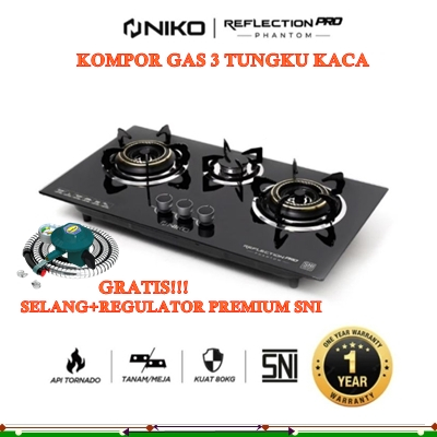 Kompor Niko 3 Tungku Tanam Pro Phantom/Kompor Kaca Tanam 3 Tungku Full Black