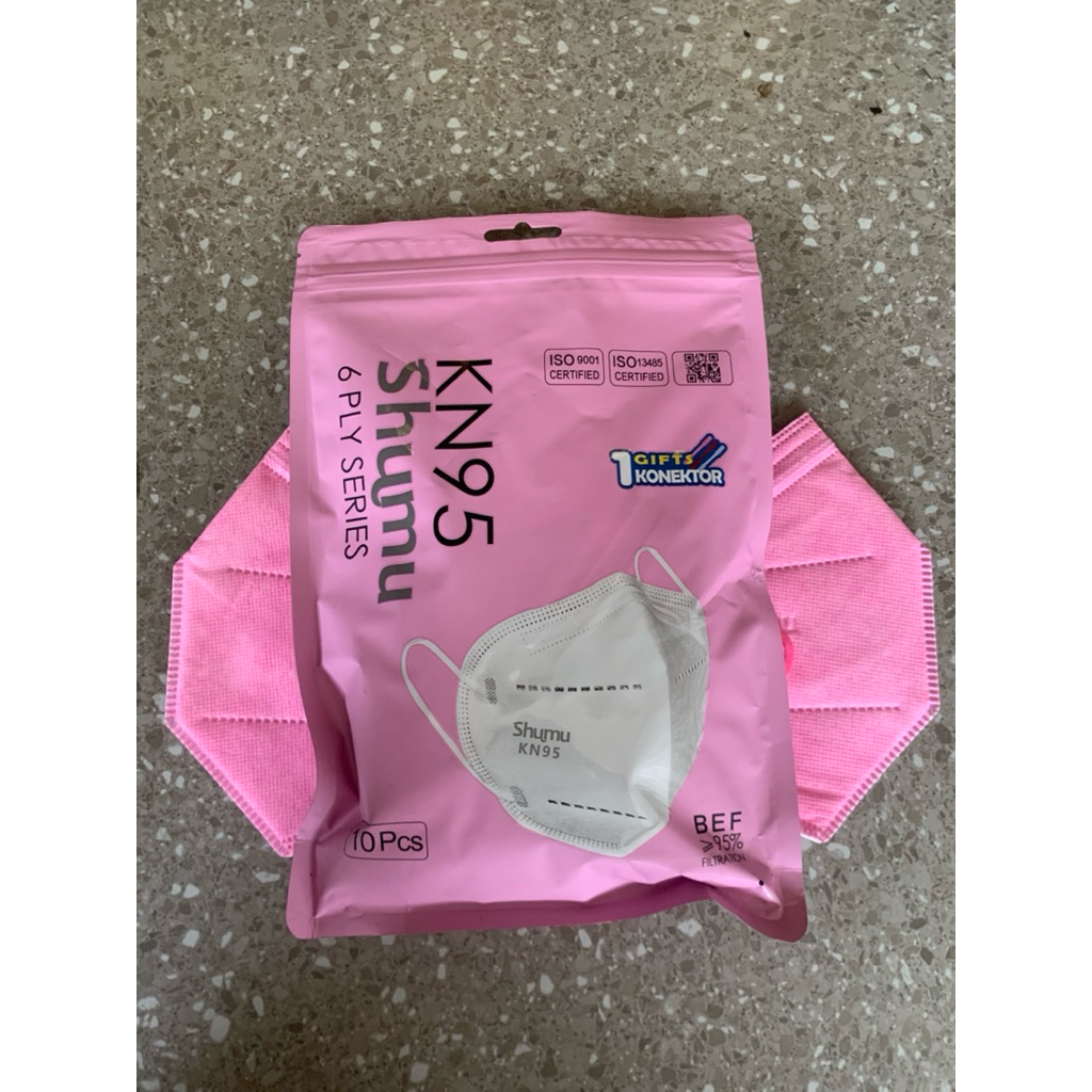 SHUMU KN95 Masker 6 Ply Pink – Isi 10 pcs + Bonus Connector – Filtrasi >95%