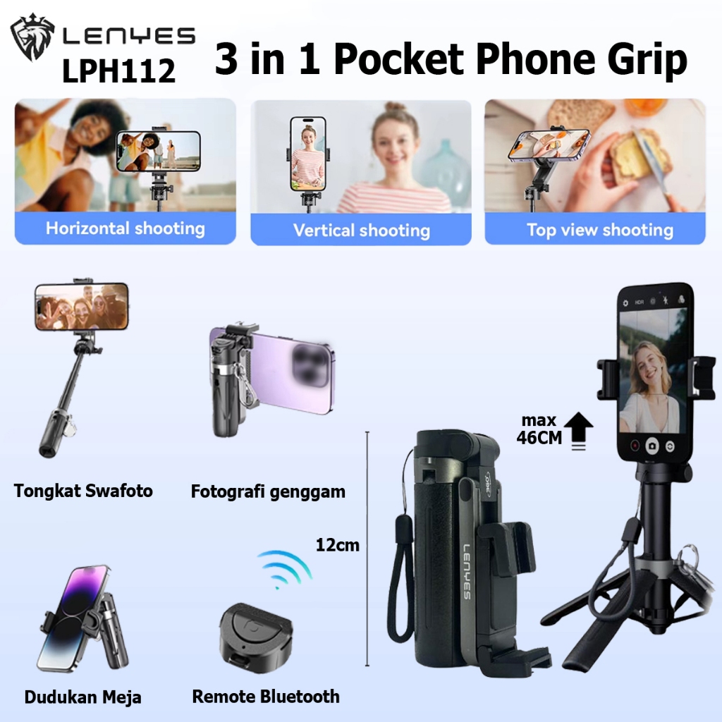 LENYES LPH112 3 in 1 Pocket Phone Grip - Tripod Mini Tongsis Selfie Stick Kamera HP With Remote Blue