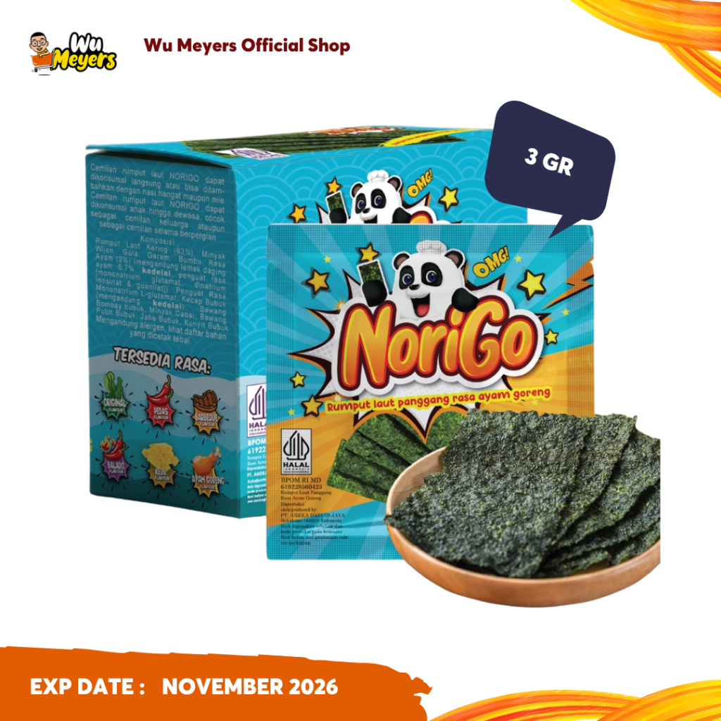 

Norigo Snack Rumput Laut / Norigo Nori Sachet Snack Rumput Laut Ayam Goreng