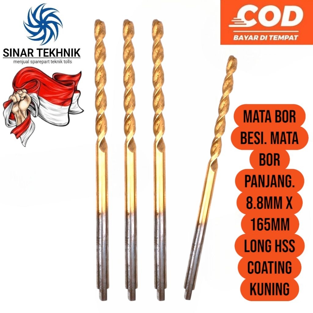 mata bor besi. mata bor panjang. 8.8mm x 165mm long hss coating kuning