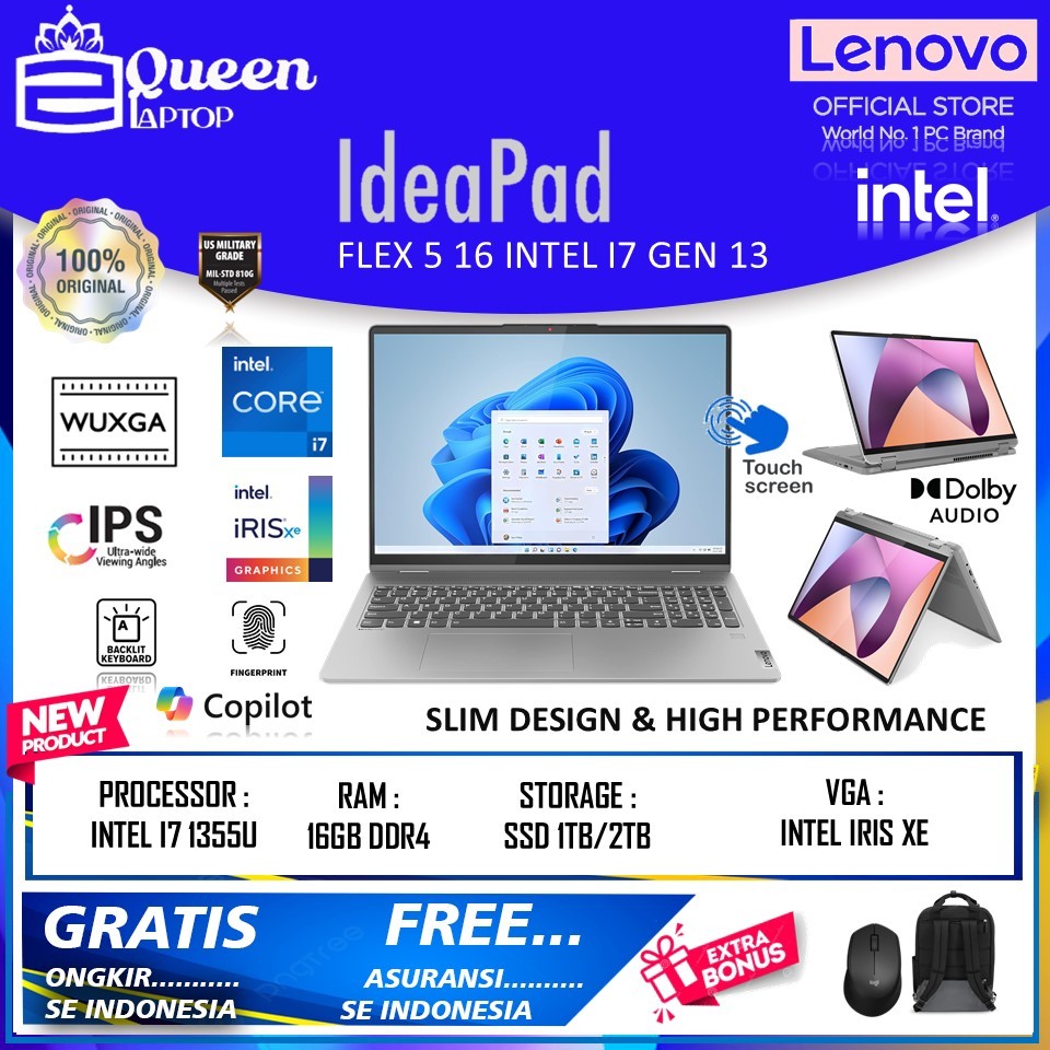 LENOVO IDEAPAD FLEX 5 16 INTEL I7 1355U RAM 16GB 1TB SSD WUXGA IPS TOUCHSCREEN BACKLIGHT WIN 11 HOME