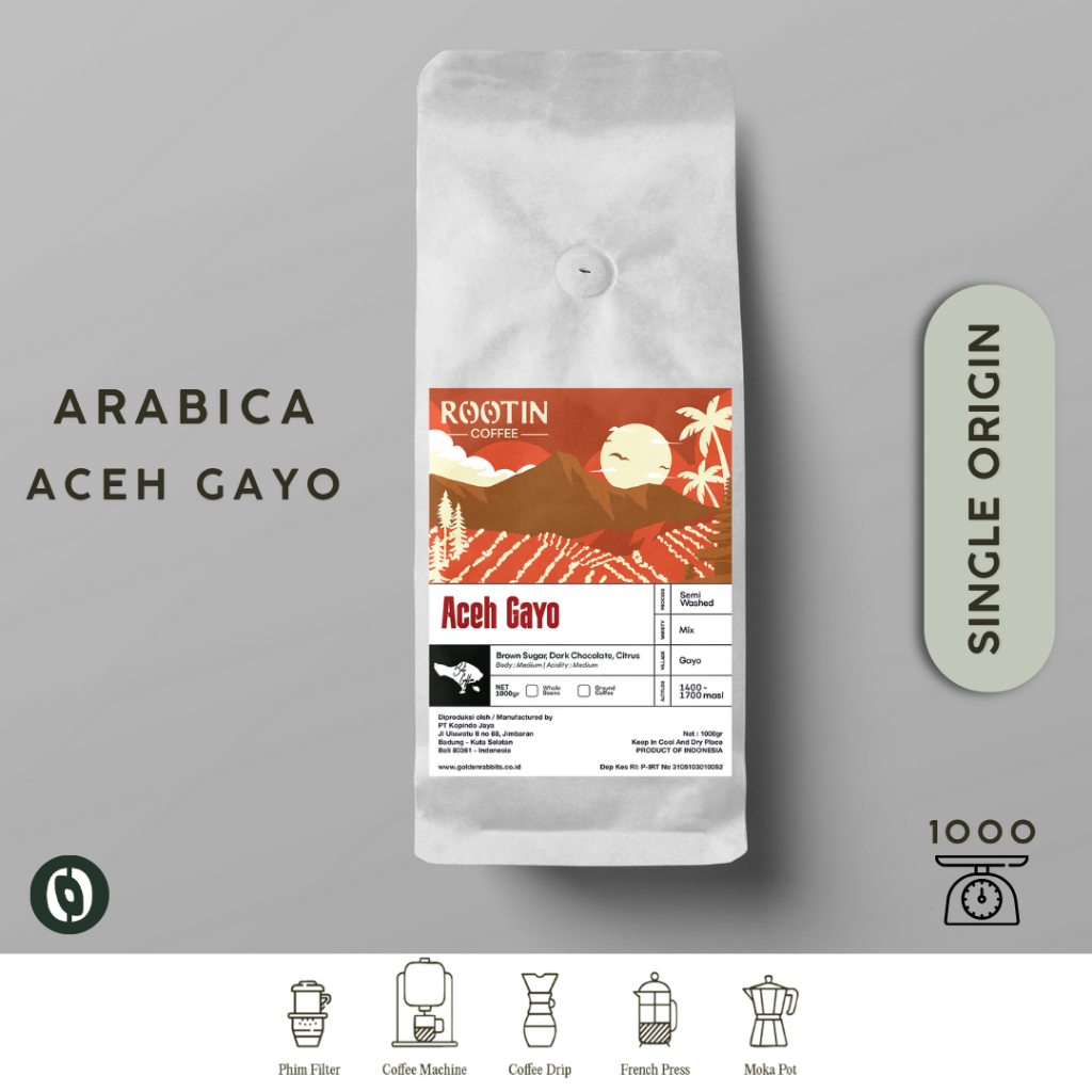 

Rootin Coffee Aceh Gayo Single Origin Arabika Roasted Beans Biji dan Bubuk Kopi / 1kg