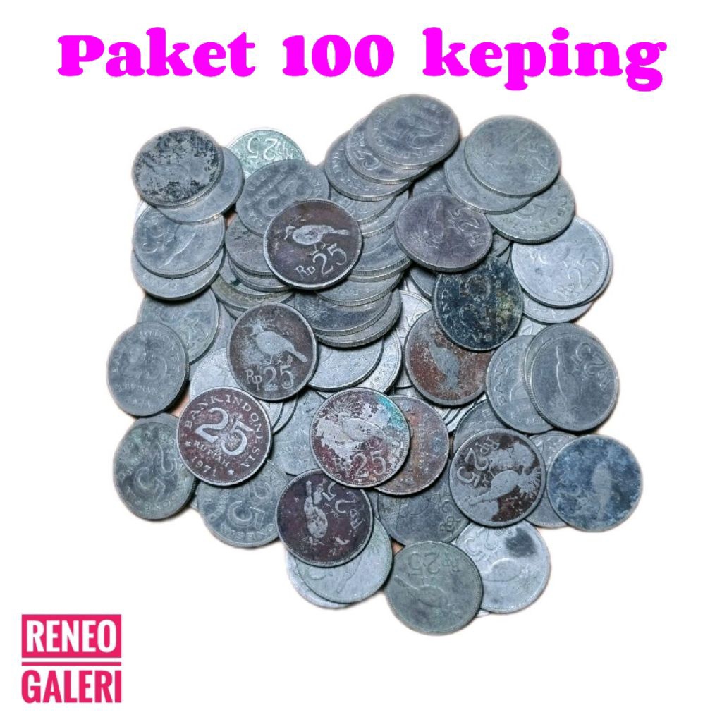 Paket 100 Keping Koin 25 Rupiah Burung merpati tahun 1971 jelek kotor