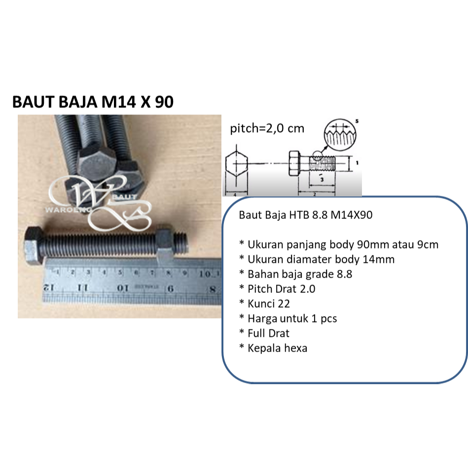 BAUT BAJA M14 X 90 HTB 8.8 M14 FULL DRAT KUNCI 22
