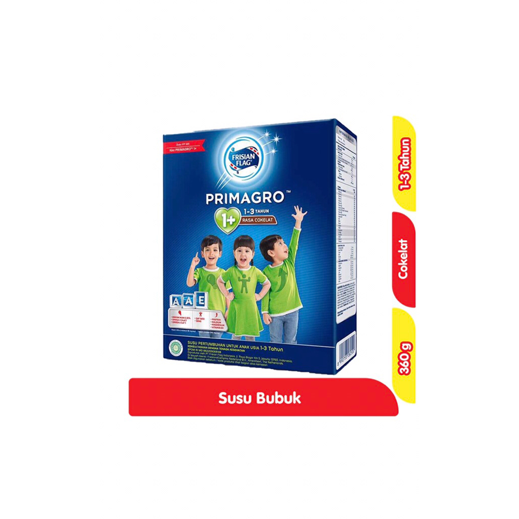 frisian flag primagro 1+ 360 gram susu anak 1-3 tahun rasa coklat, vanila dan madu.