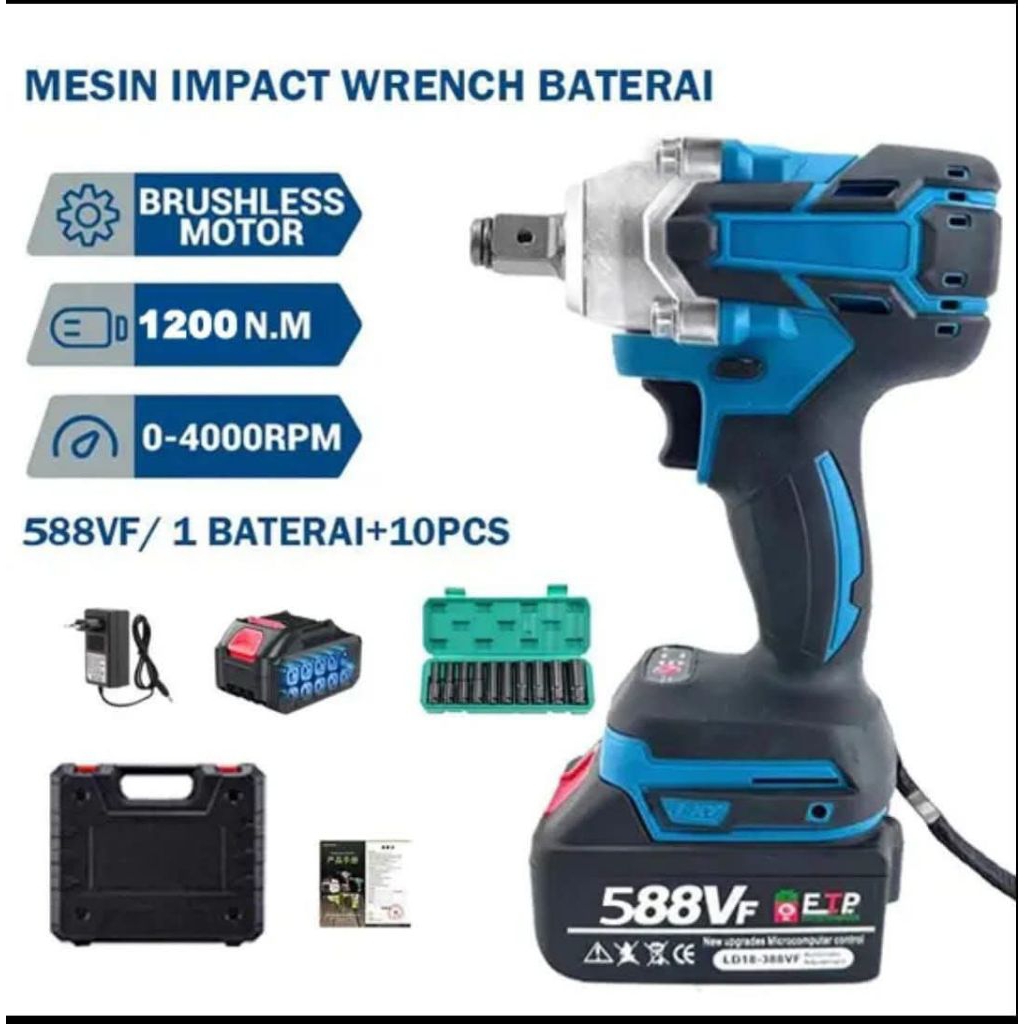 Impact Wrench + Battery 588vf + 10 Kunci Sok