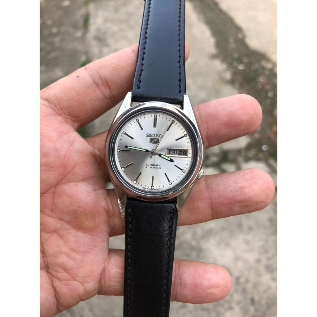 jam tangan pria Seiko 5 automatic vintage stenlis steel normal mulus elegan klasik strap kulit