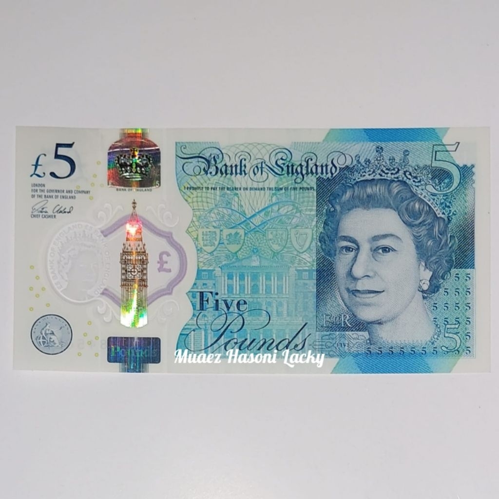 Inggris Poundsterling Uang Asing Kuno 5 Pounds Polymer