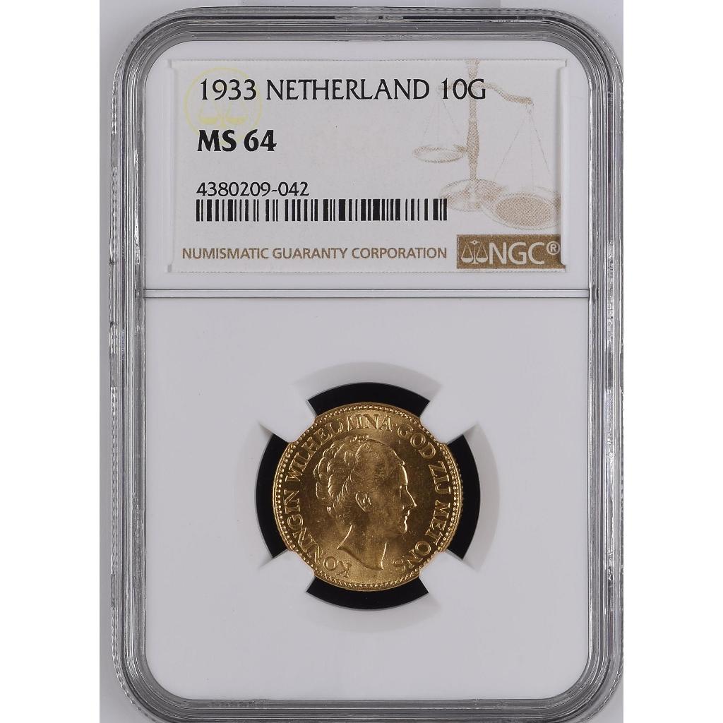 Koin Emas Belanda Wilhelmina 1933 NGC MS64