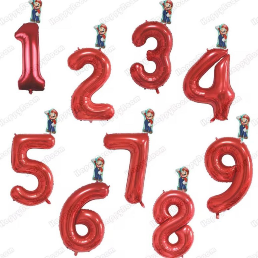 Balon foil angka merah jumbo 80cm tema super mario bros set balon angka mario bros paket balon angka
