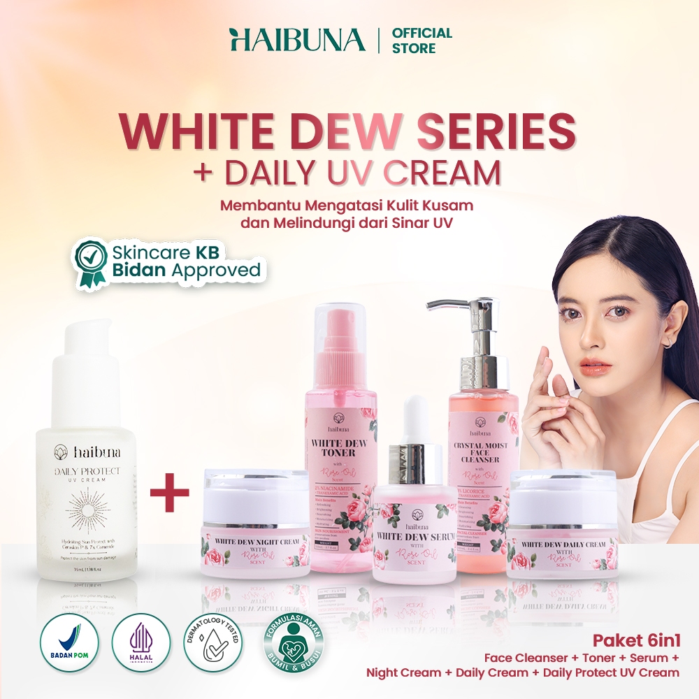 Haibuna Brightening White Dew Series (5 Pcs) + Daily UVProtect SPF 35 Sunscreen | Mencerahkan dan Me