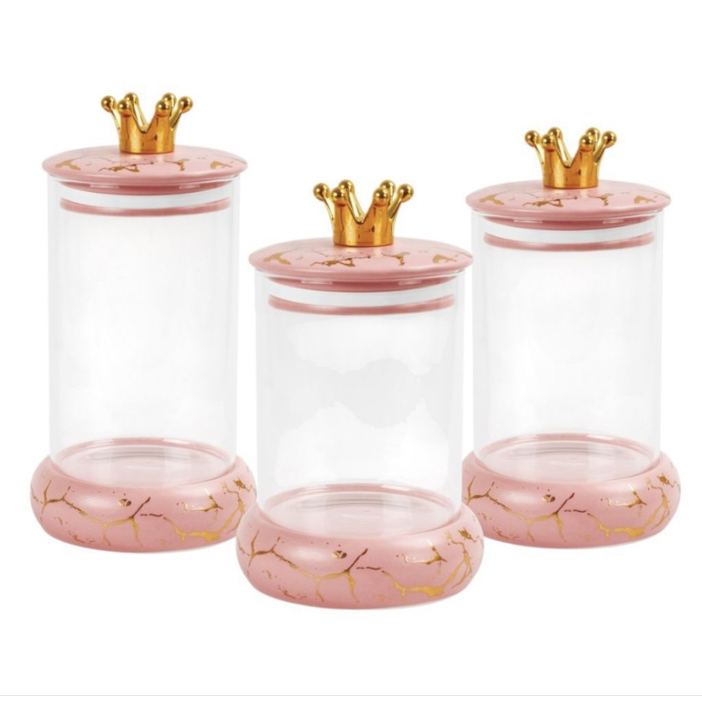 Toples Permen Kaca VICENZA 3 buah GM305 Pink Marble, candy jar bermotif Marmer terdiri dari toples k