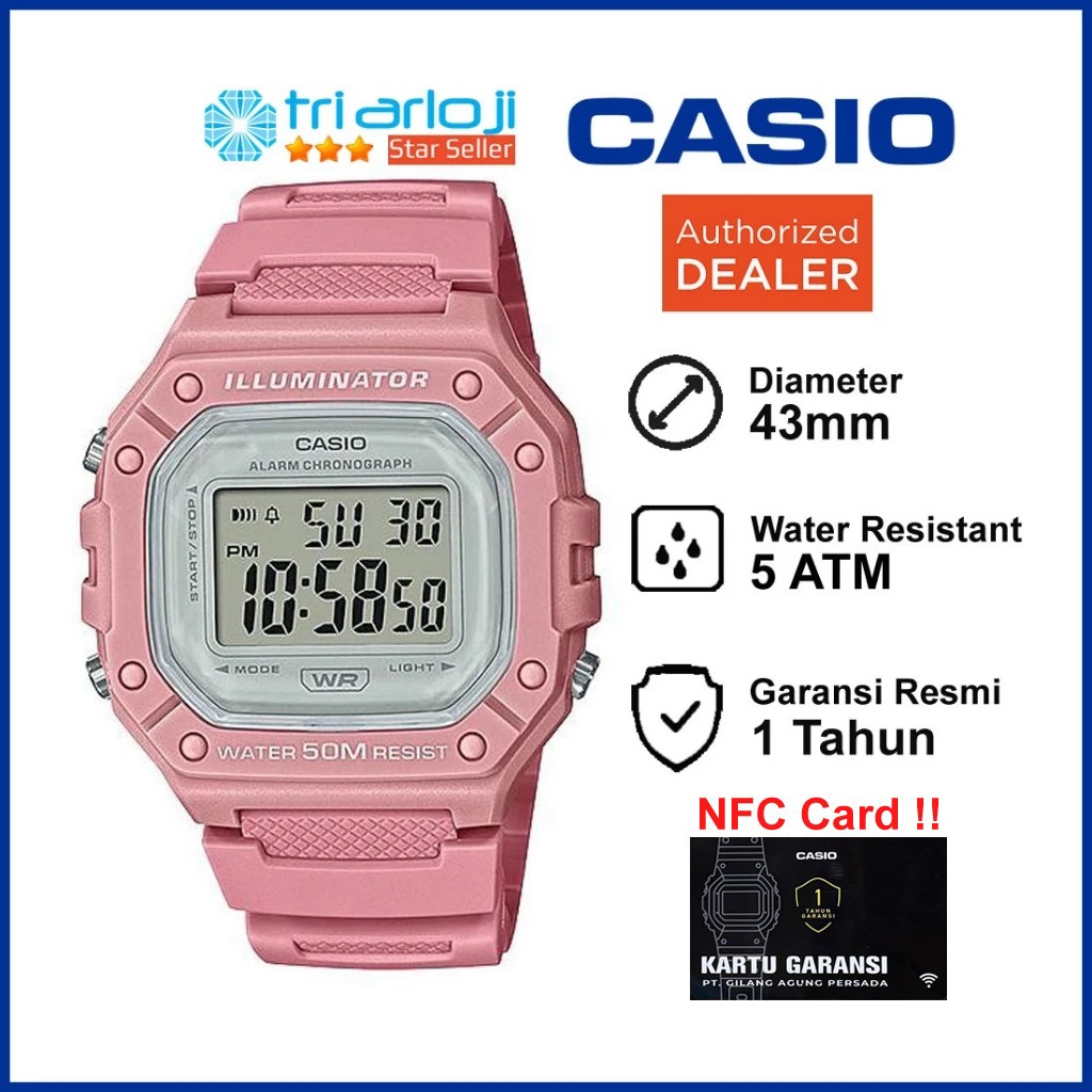 Casio W-218HC-4AVDF Jam Tangan Wanita Digital Karet Original Pink W-218HC-4A W218HC