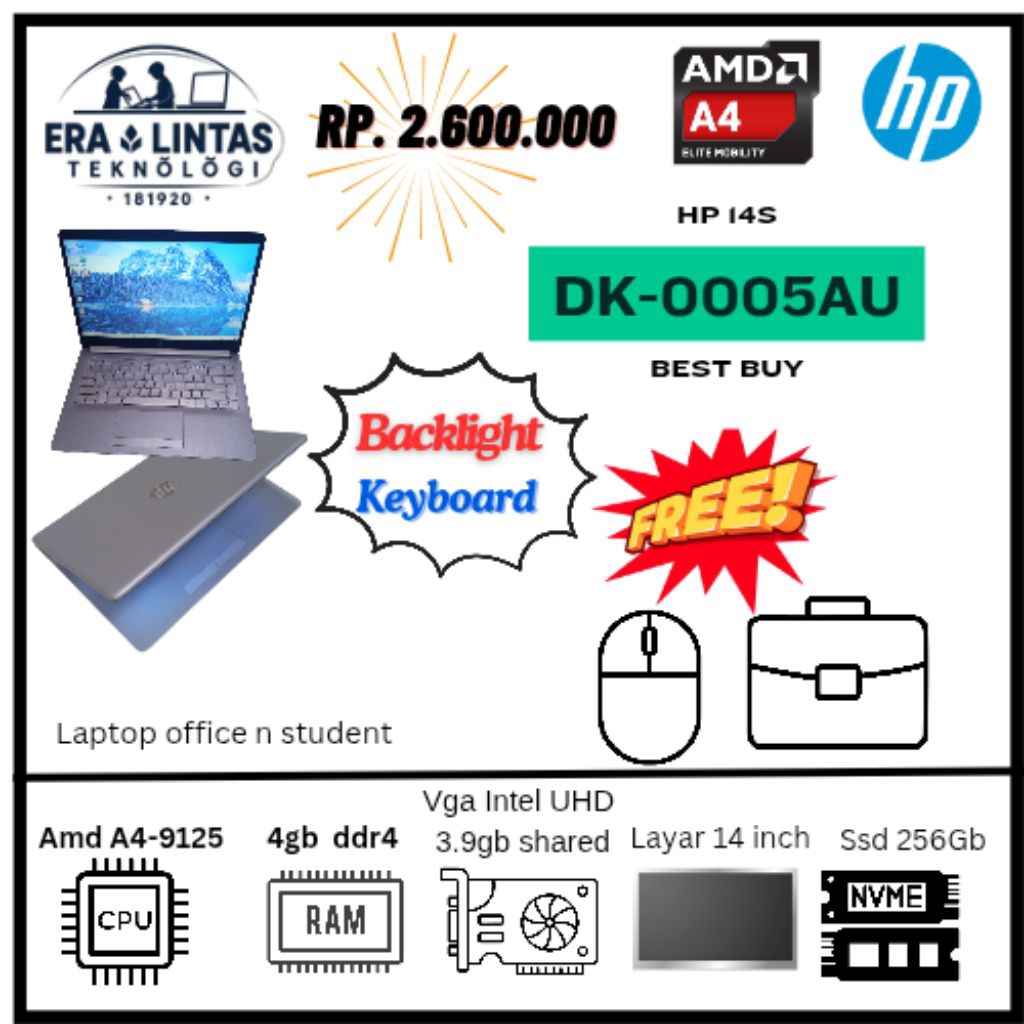 laptop hp 14s dk series amd A4 -9125-4gb ddr4-ssd256gb-vga r3 radeon-14 inch