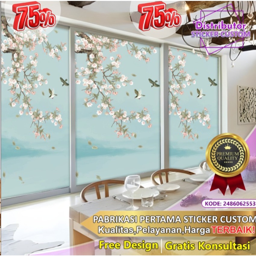 Sticker Custom 3D Tema Chinnoserie | Stiker Kaca Kantor | Stiker Kaca | Sticker Kaca Pintu | Sticker