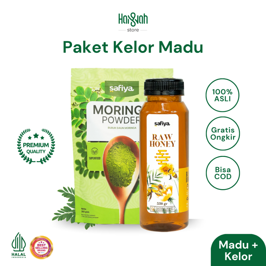 

[Paket 2 In 1] Bubuk Moringa 250 gr Safiya + Madu Murni 350 gr Daun Kelor Booster Asi Herbal