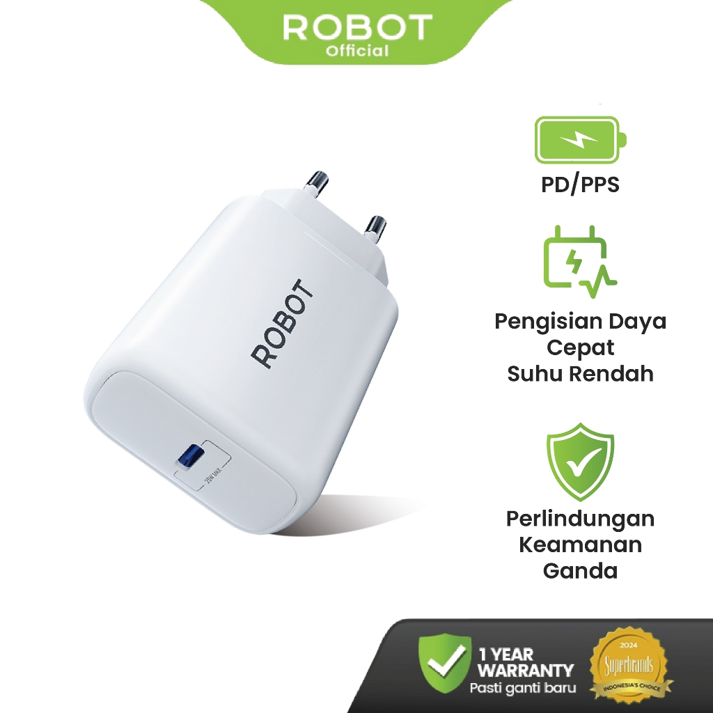 ROBOT Smart Phone Charger GaN Fast Charging 25W Kepala Charger USB Type C Fast Charging RT-GC01 Orig