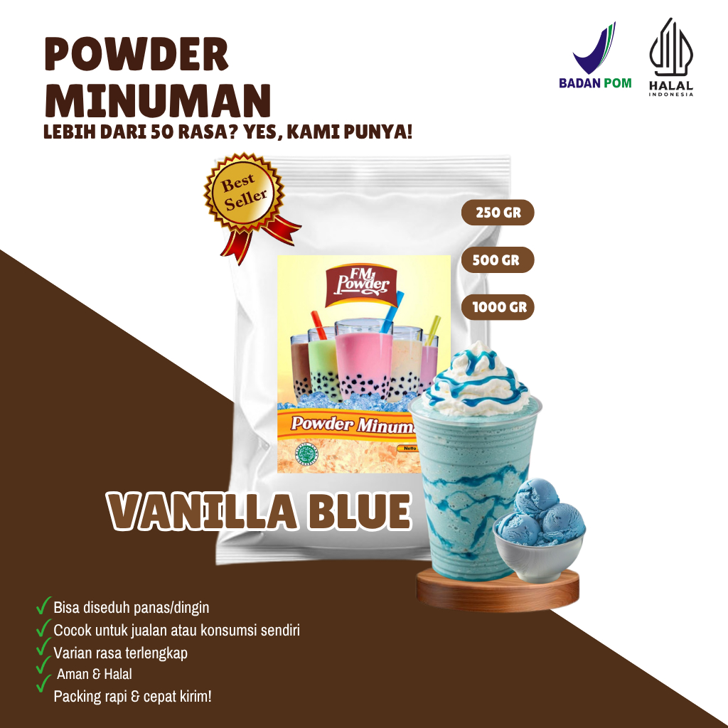 

VANILLA BLUE FM Powder Drink - Bubuk Minuman Instan Varian Rasa Susu Kemasan 500gr dan 1000gr(BPOM&HALAL) Minuman Praktis, Harga Hemat, dan Rasa Fantastis