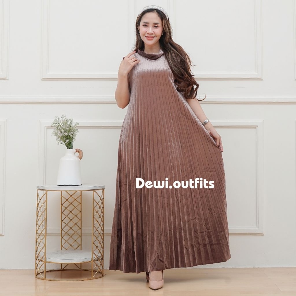 Dress Plisket Bludru Premium Tanpa Lengan
