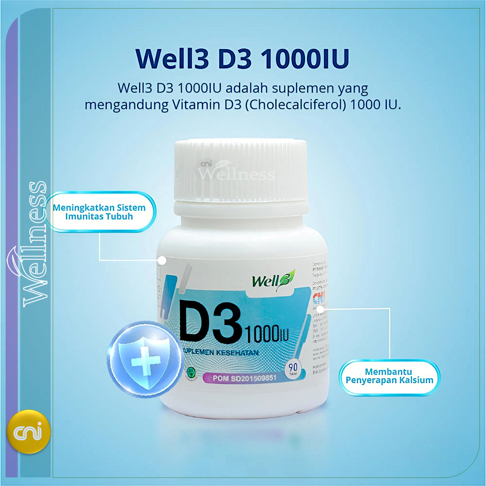 Well3 D3 1000 IU – Vitamin D3 untuk Imunitas & Tulang | 90 Tablet | BPOM & Halal MUI
