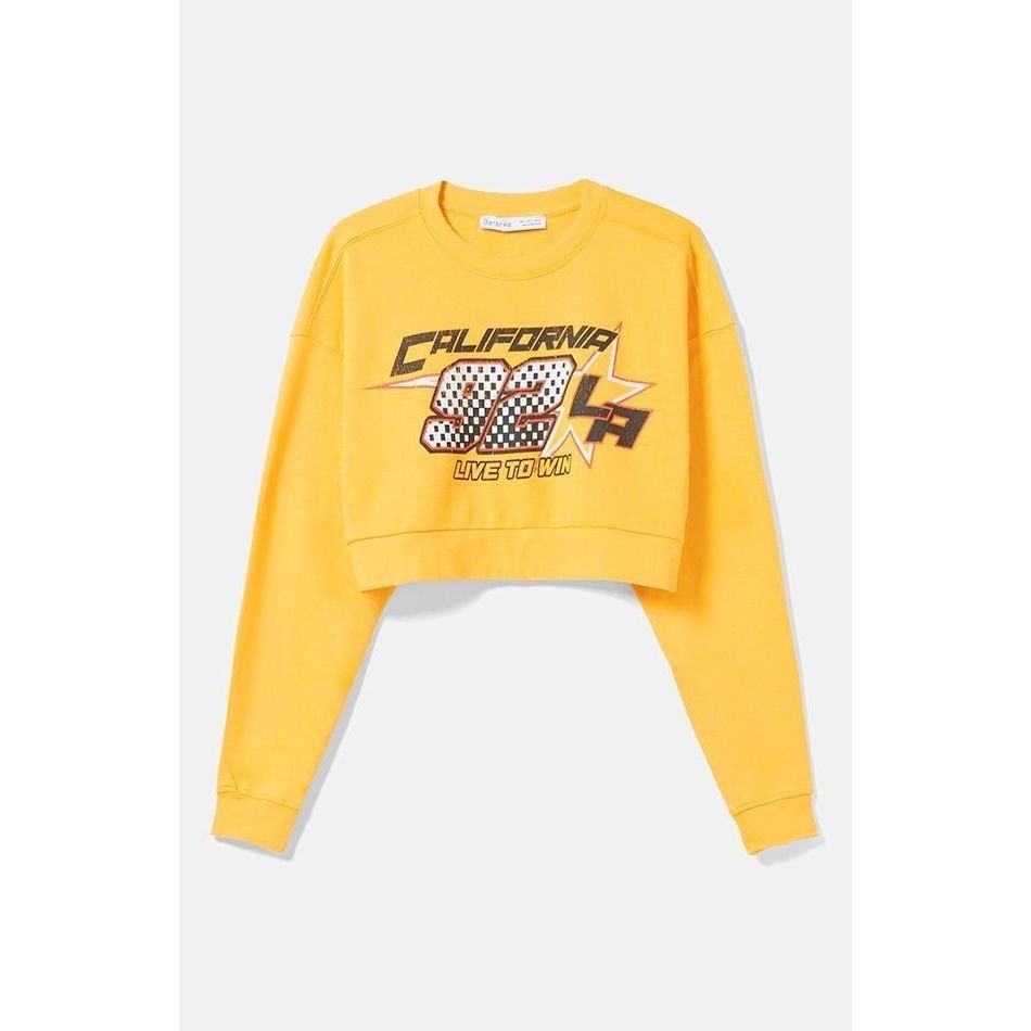 BERSHKA YELLOW CROP PRINTED SWEATER