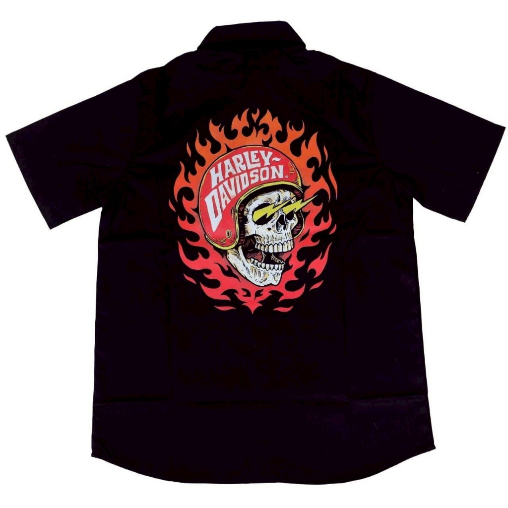 KEMEJA KERJA WORKSHIRT HARLEY DAVIDSON SKULL HELMET FLAME BLACK