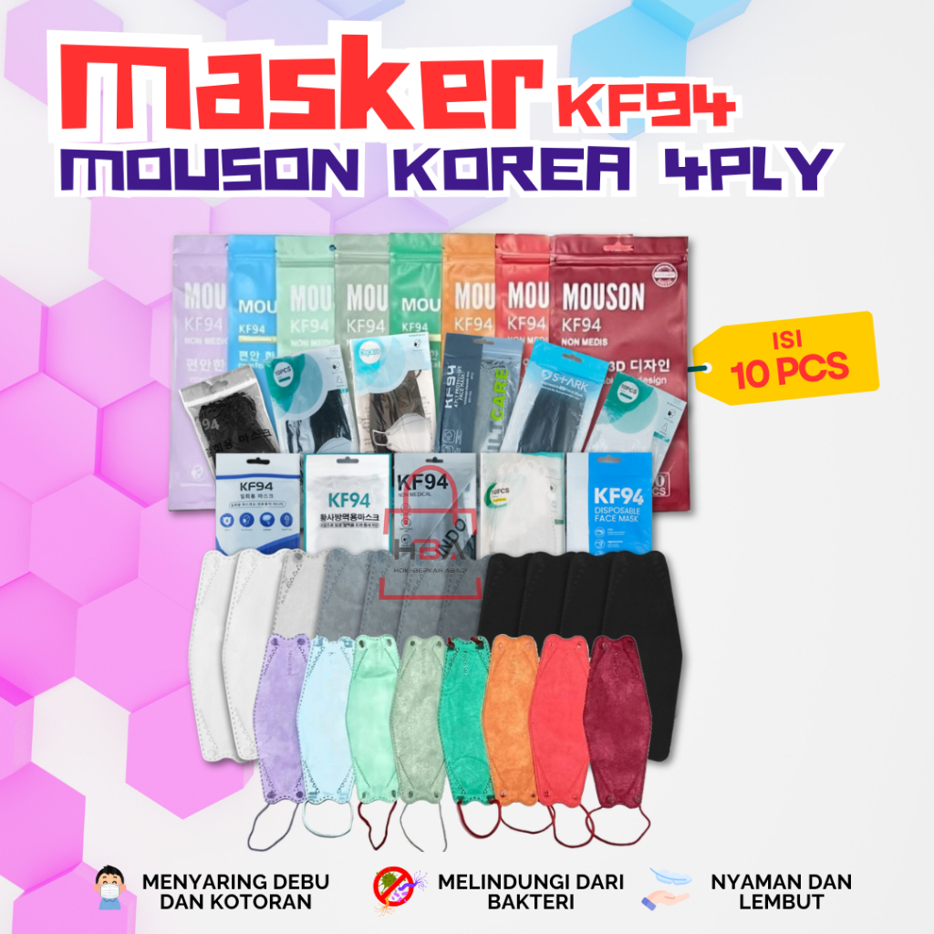 Masker KF94 Isi 10PCS MOUSON MASK KOREA KF 94 4PLY Hitam Putih Mix Warna Warni Original Masker Medis