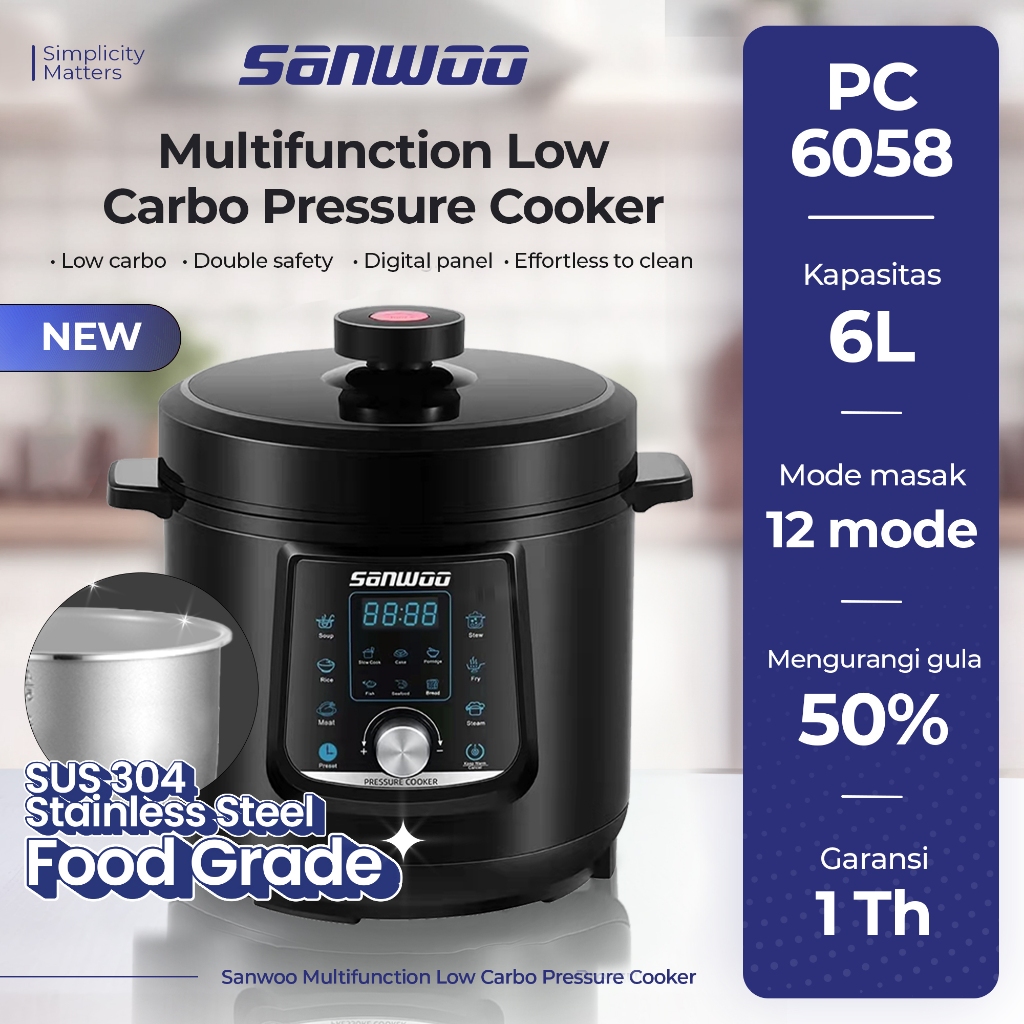 Sanwoo Multifunction Low Carbo Pressure Cooker 6L with SUS304 Main Bowl PC-6058 / Panci Presto Low W
