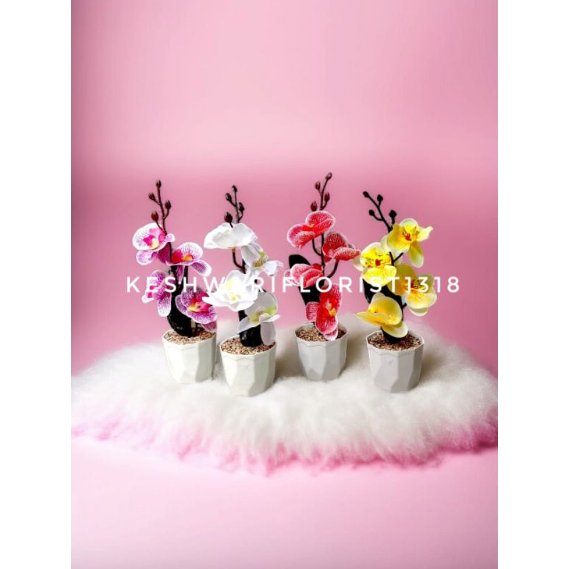 SET BUNGA PLASTIK ANGGREK DENGAN POT PLASTIK PUTIH BULAT