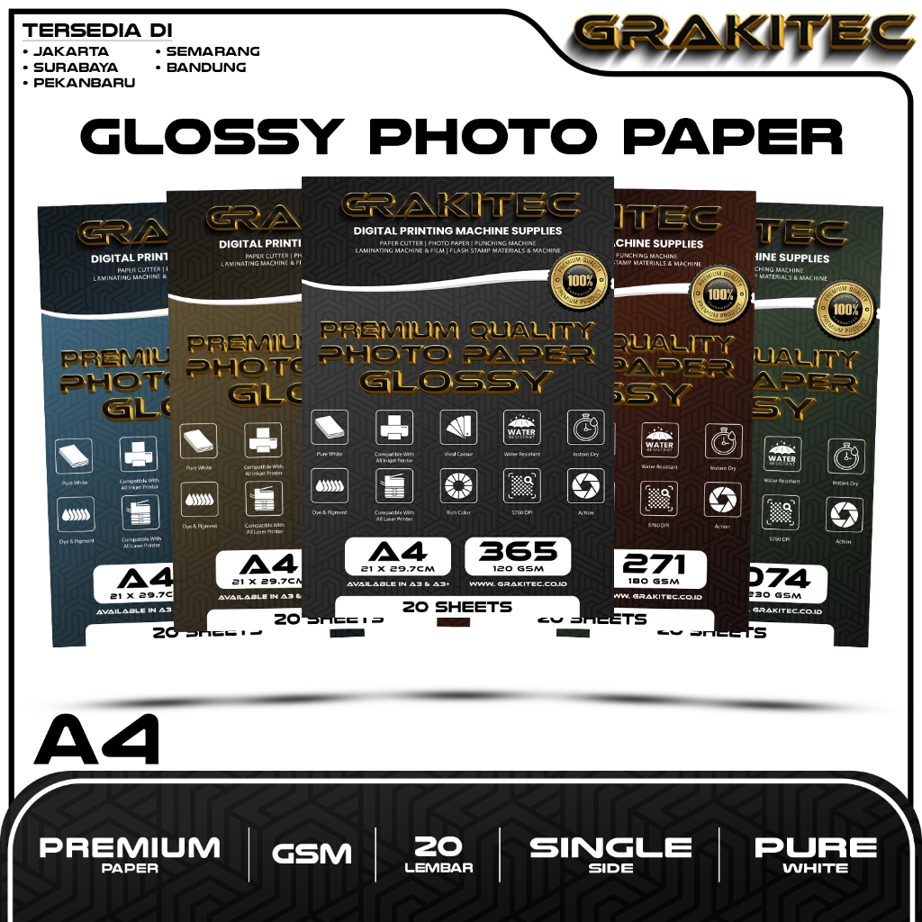 

Kertas Foto Glossy A4 - GRAKITEC Premium Photo Glossy Paper A4 260, 230, 200, 180 GSM New