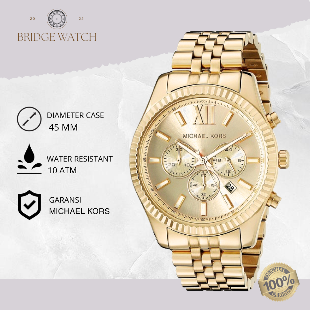 Jam Tangan Pria Michael Kors Lexington MK8281 Original Analog Chronograph Gold Stainless Steel Strap