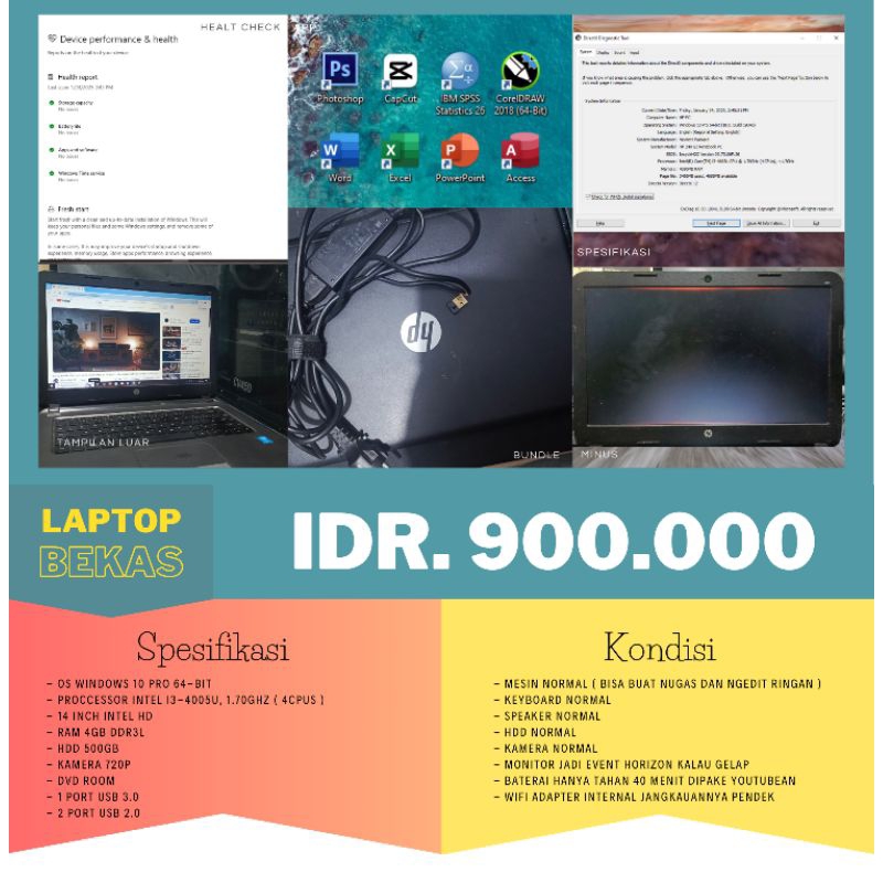 Laptop murah merk HP 240 G3 second intel core i3 Ram 4GB