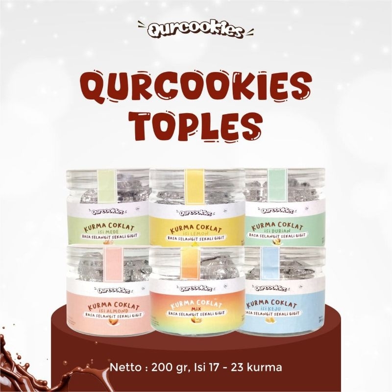 

Qurcookies Kemasan Toples Special Idul Fitri, Kurma Coklat dengan varian isi keju lemon durian mede almond , cokelat kurma