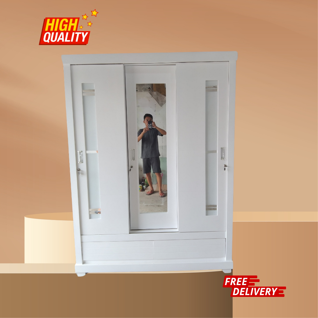 lemari sliding 3 pintu putih handle tanam